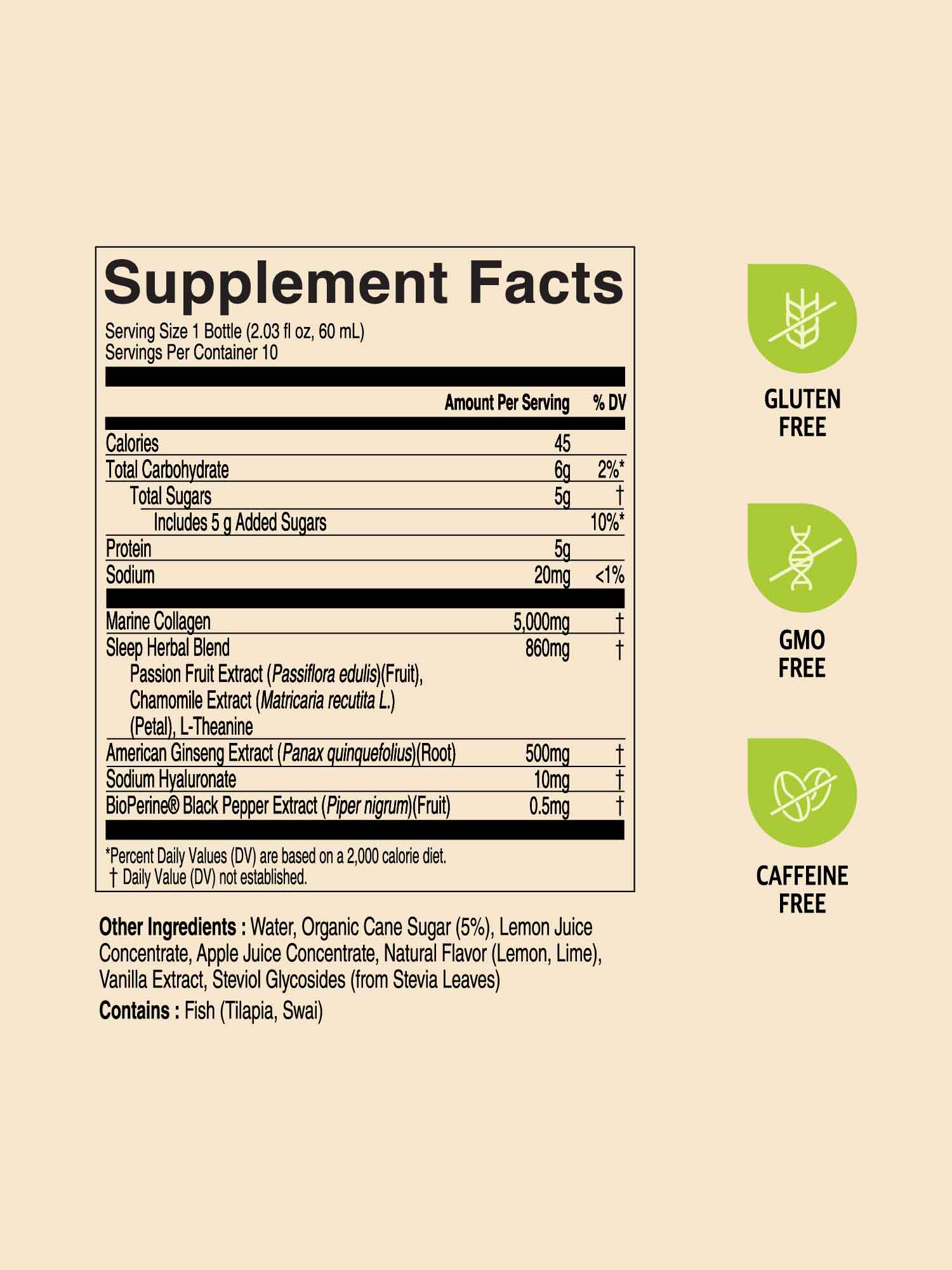 Supplement facts label for EVERYTIME Adapto Collagen Sleep Support