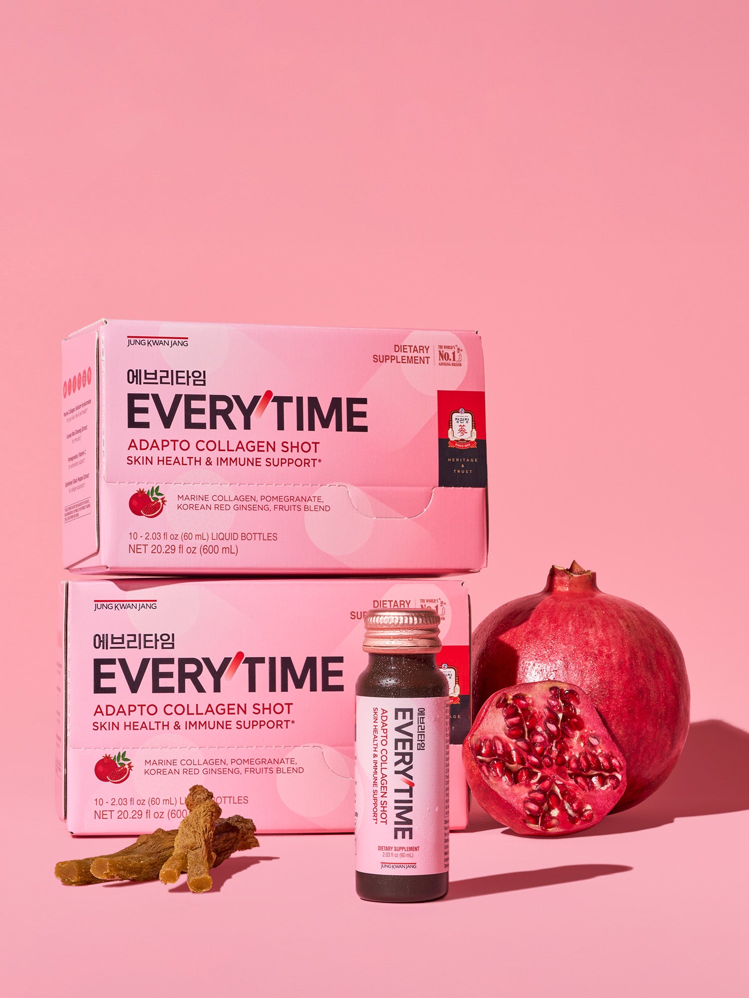 Everytime Adapto Collagen Shot packaging with a pomegranate & ginseng root